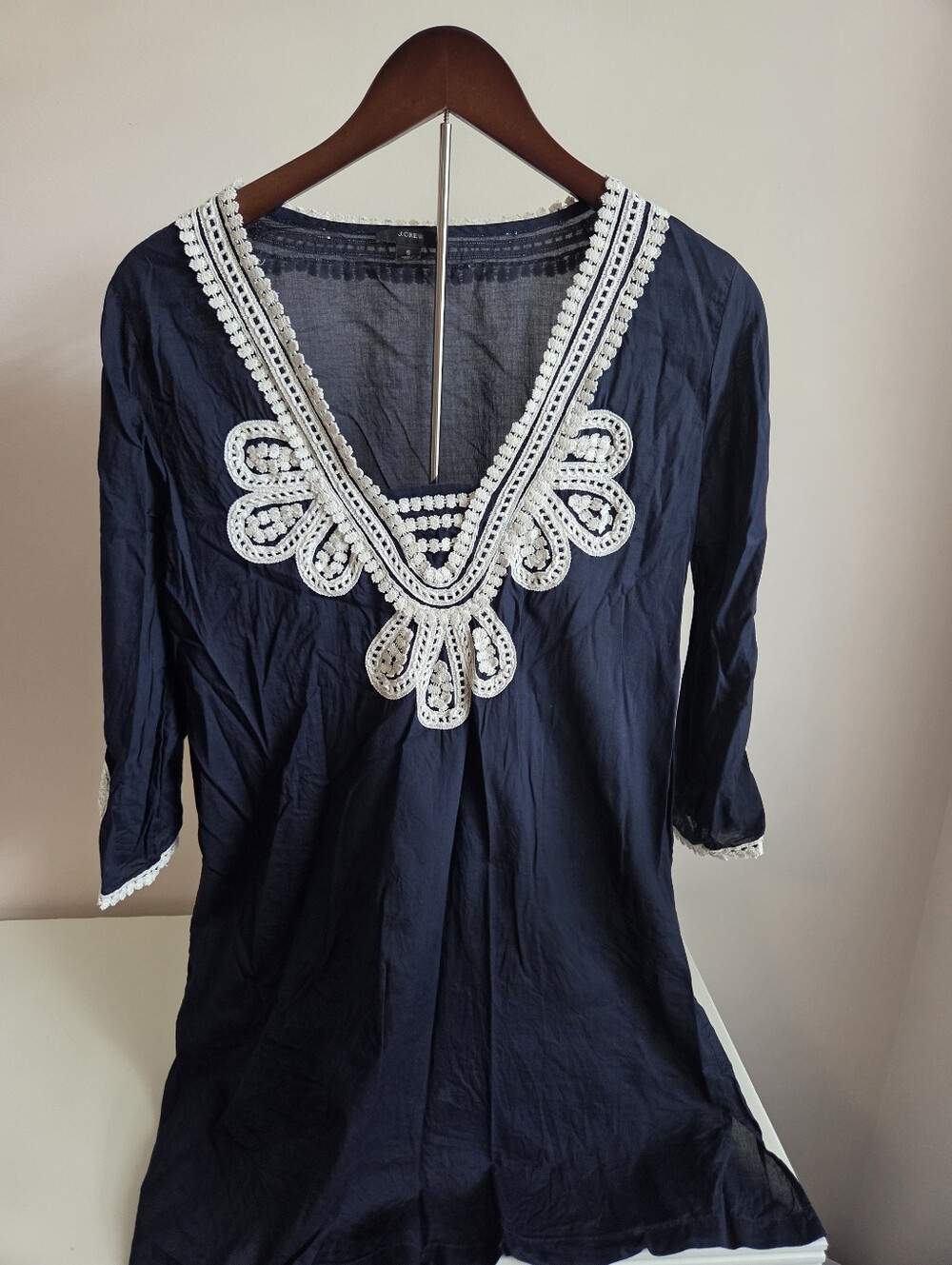 J. Crew Navy Blue Tunic with White Crochet V-Neck